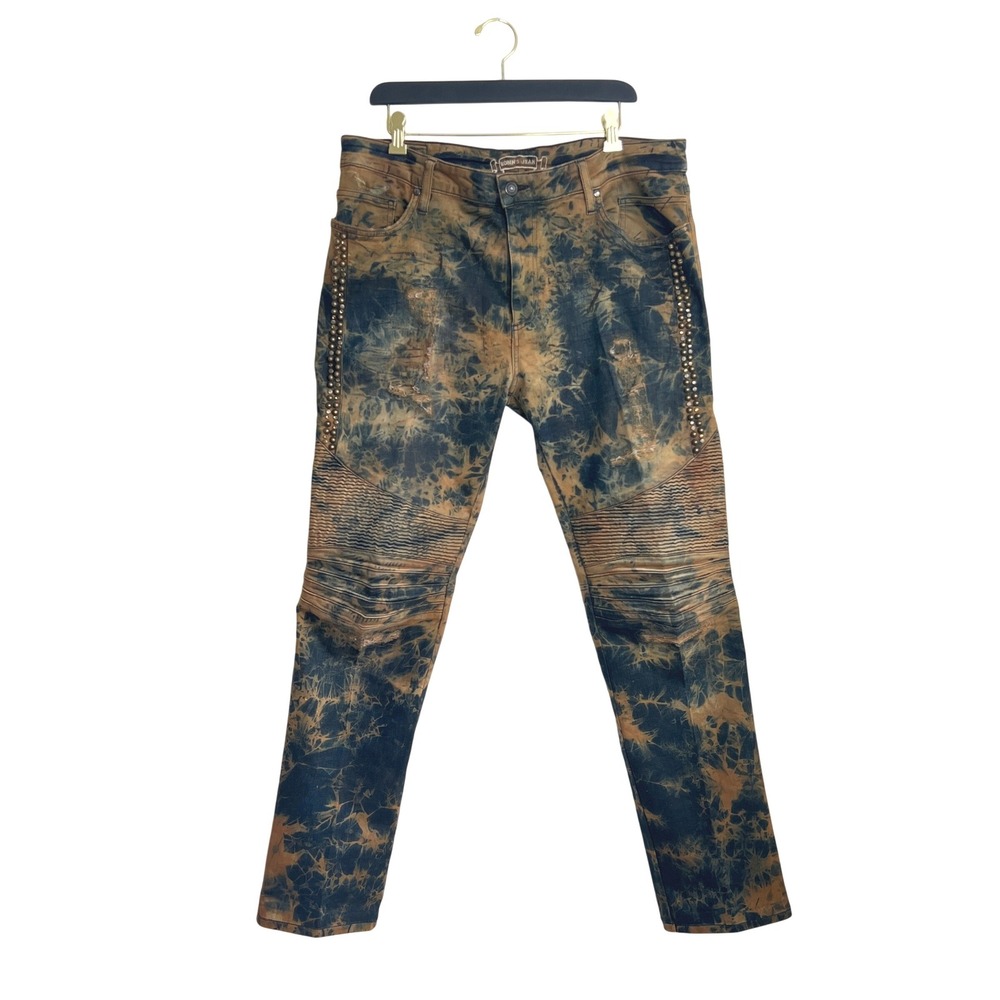 Robin's‎ Jean Black Brown Splatter Acid Wash Long Flap Pocket Studded Moto Jeans
